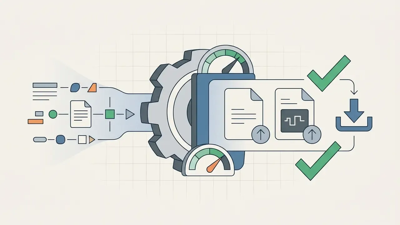 Data icons flowing through a gear mechanism to produce verified audio files ready for download
