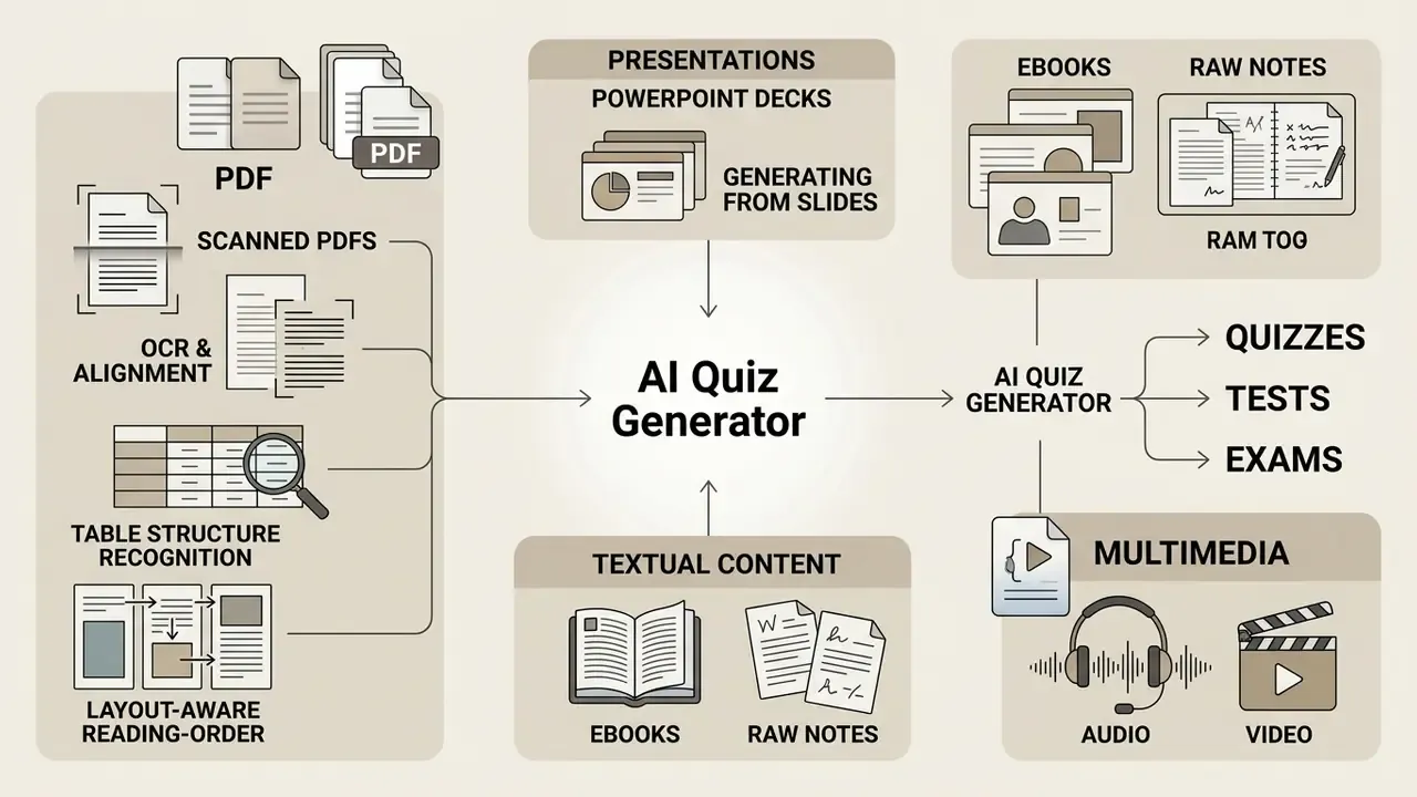 Diagram showing how various document formats, audio, and video are processed into educational assessments