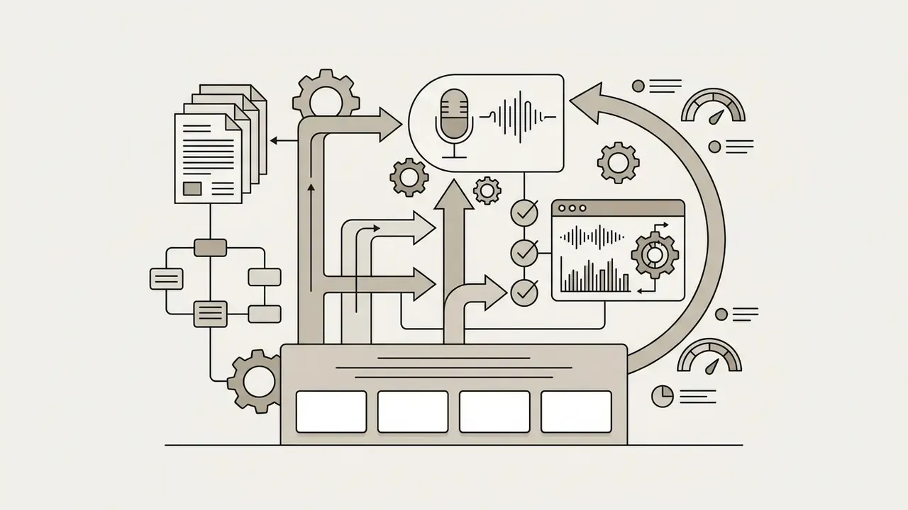 System of gears and arrows linking document processing and audio analysis for AI voice generation