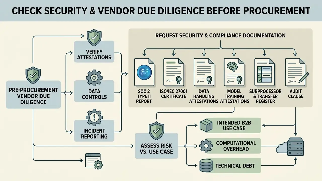Diagram outlining steps to evaluate vendor compliance documentation and assess AI tool risk