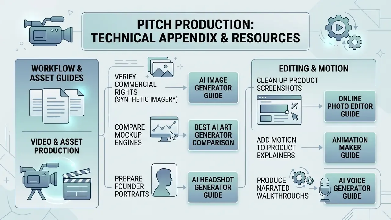 Infographic mapping production resources for pitch assets including image, video, and editing tools