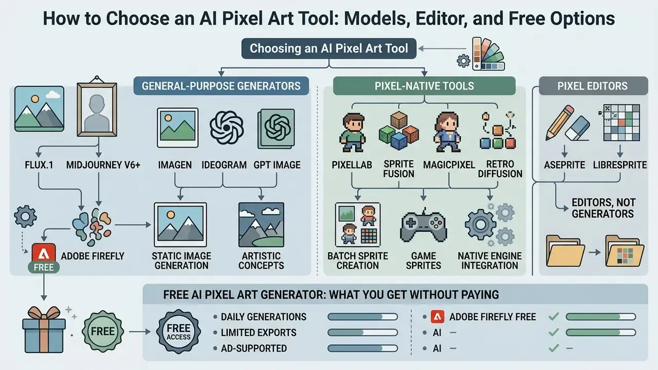 Flowchart categorizing generators, pixel-native software, and editors for creating digital game assets