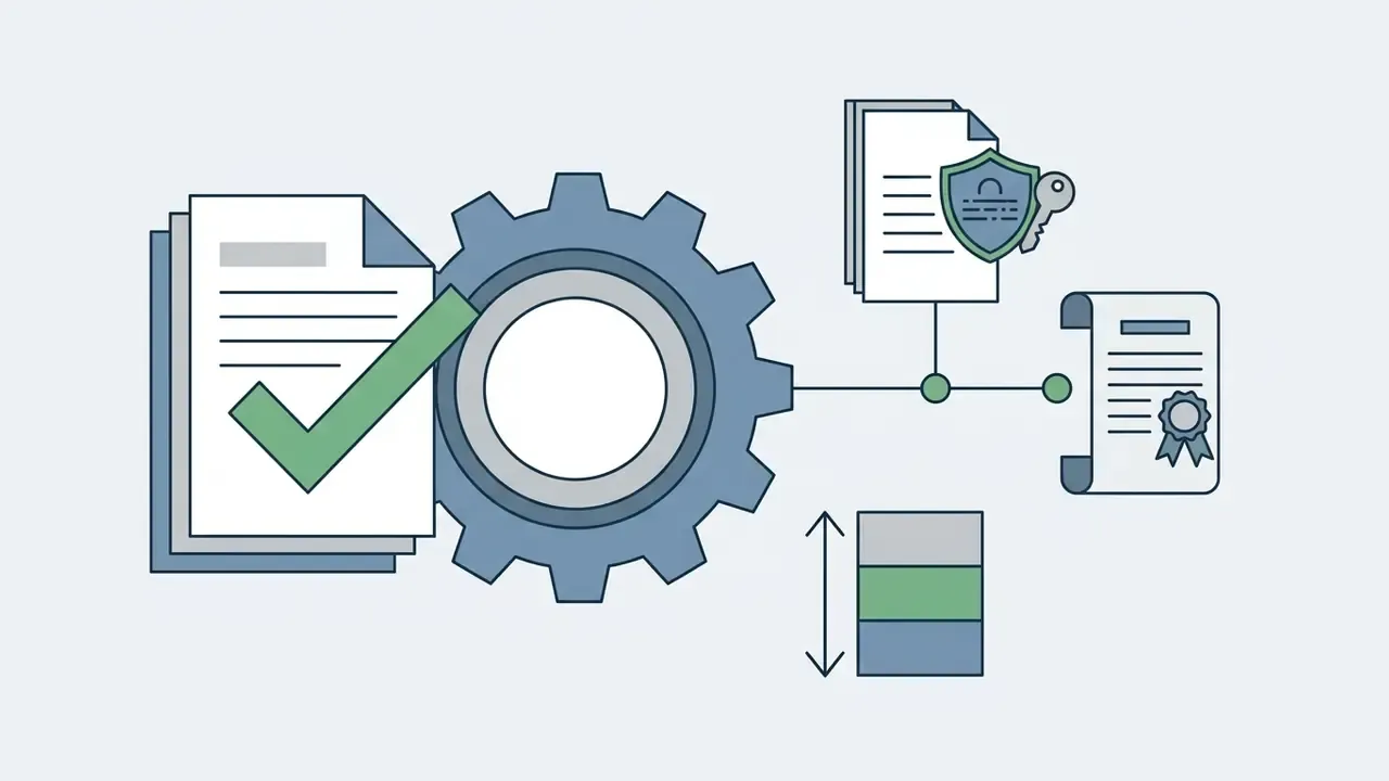 Gear icon connecting a checked document to security shields and a certificate of compliance
