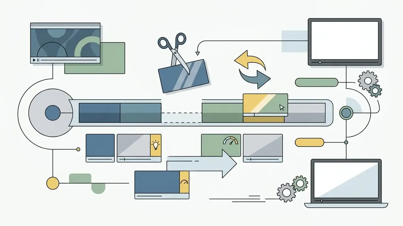 Scissors cutting a video clip on a timeline with arrows indicating rearranging and moving segments