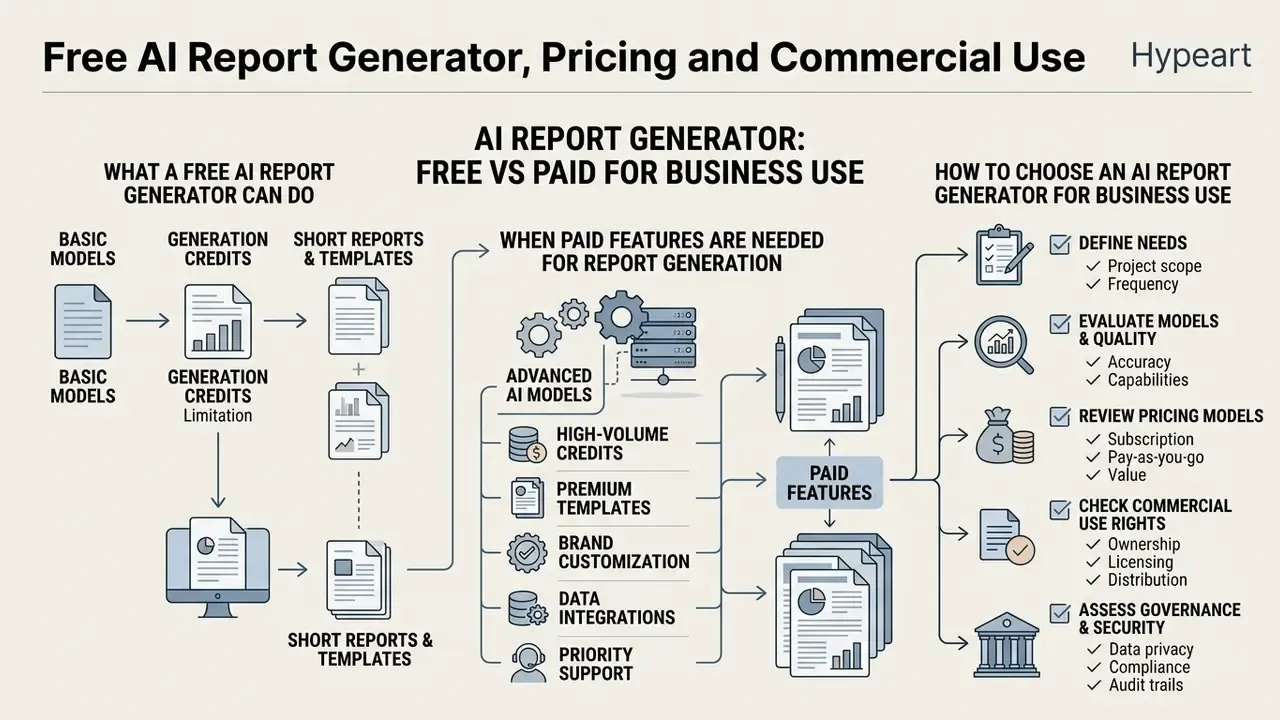 Infographic detailing free versus paid software features, usage limits, and business evaluation criteria