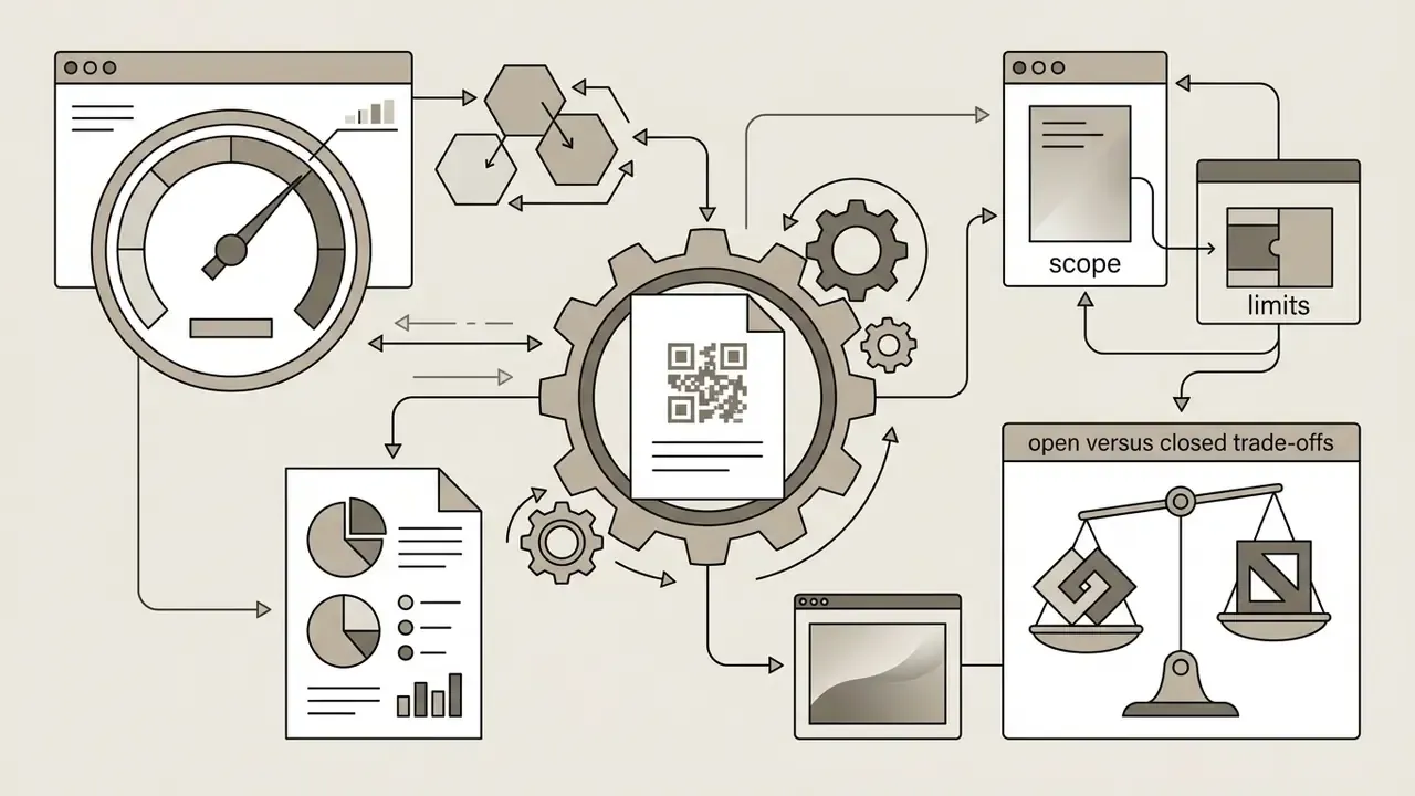 Central gear and document surrounded by gauges, charts, and a balance scale weighing trade-offs