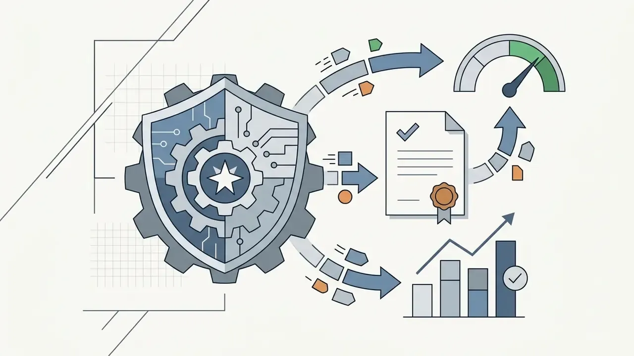 Shield with a central gear feeding data into a certified document, a performance gauge, and a bar chart