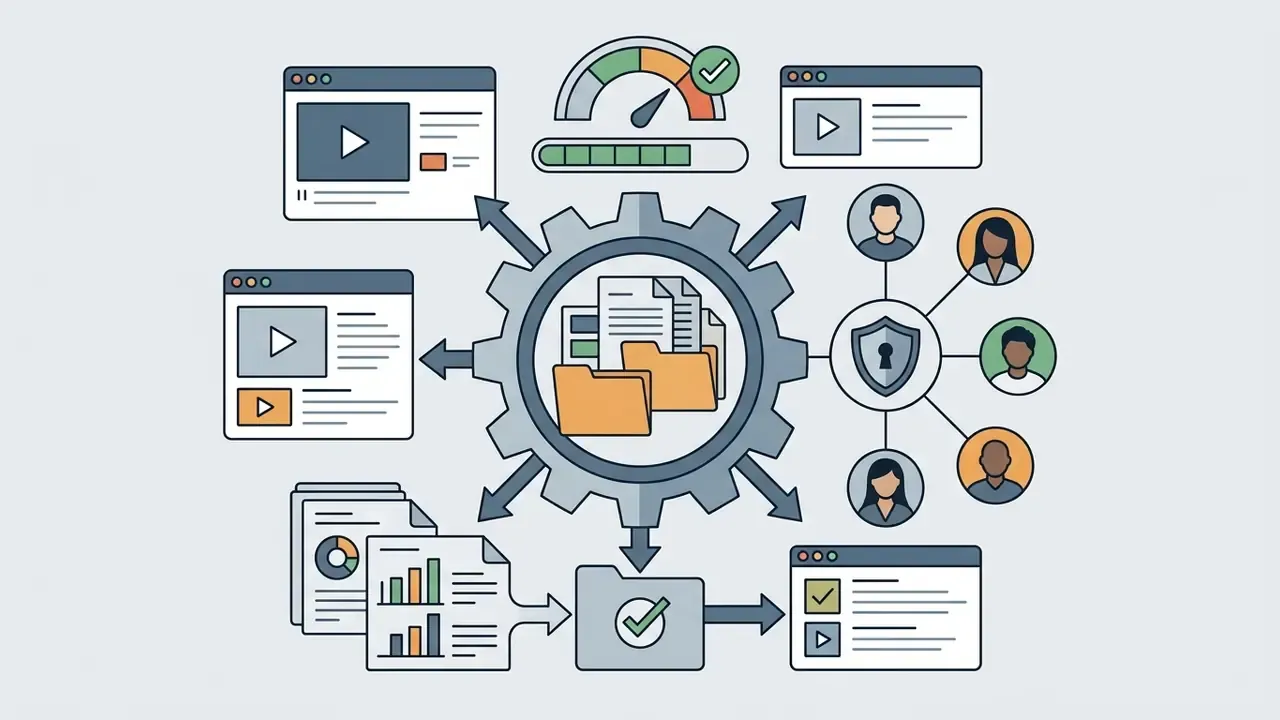 Central gear connecting shared files and folders to user groups, video interfaces, and reporting tools