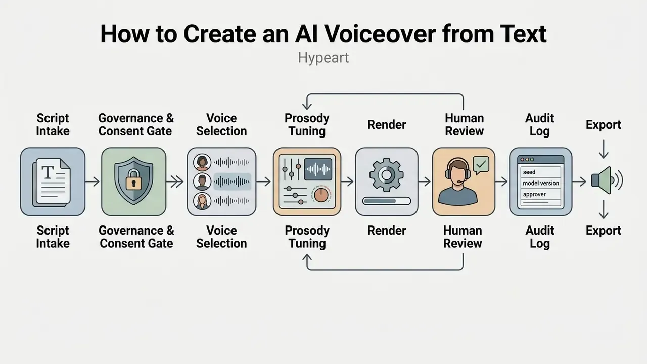 Linear workflow showing script intake, consent, voice selection, tuning, rendering, review, and export