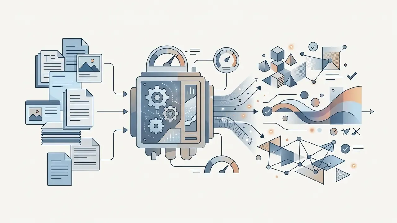 Central machine processing document inputs into geometric shapes and abstract data visualizations