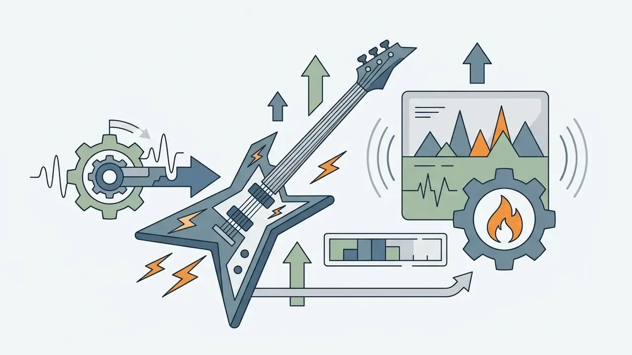 Electric guitar icon feeding into a gear and waveform display to generate hard rock audio tracks