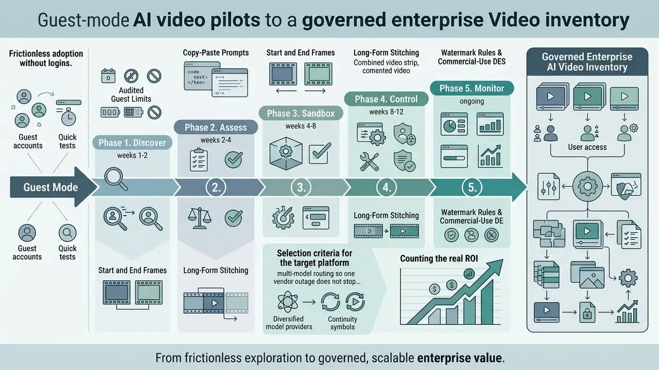 Five-phase roadmap transitioning from frictionless guest-mode AI video pilots to a governed enterprise inventory