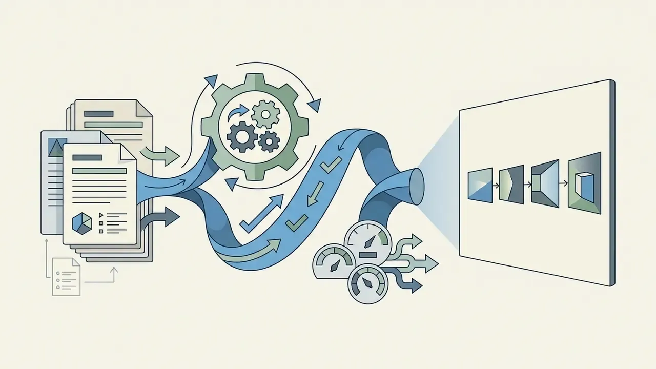 Documents feeding into a gear mechanism and a pipeline that outputs a sequence of rendered video frames