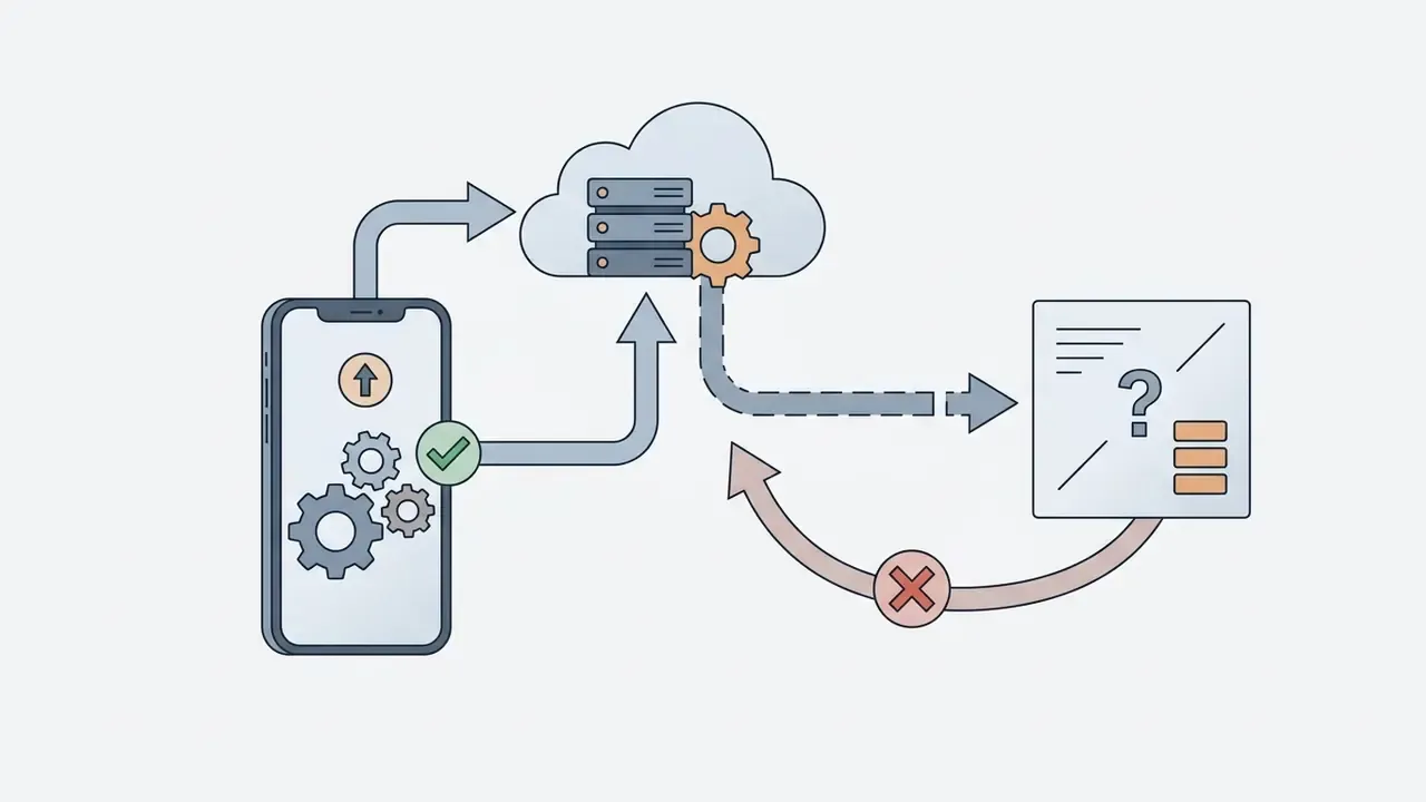 Smartphone with gears sending data to a cloud server that routes information to an unknown third party