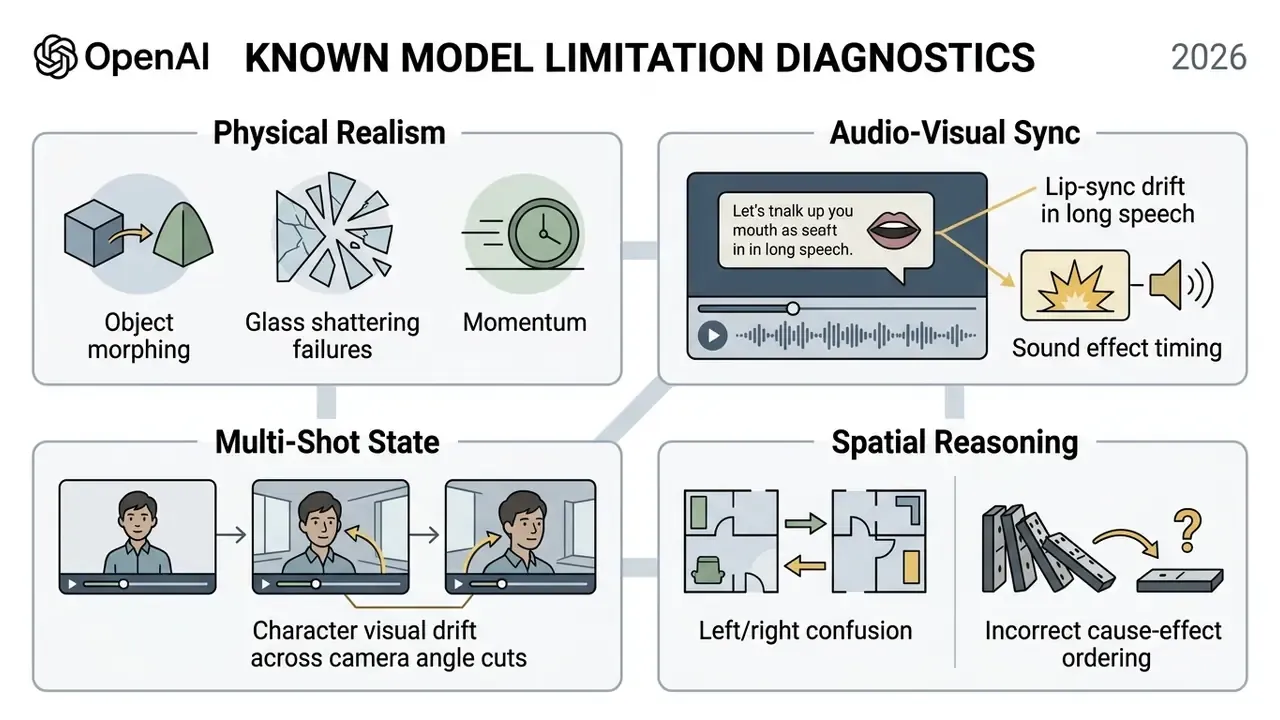 Four categories of OpenAI Sora model limitations including physical realism, audio-visual sync, and spatial reasoning