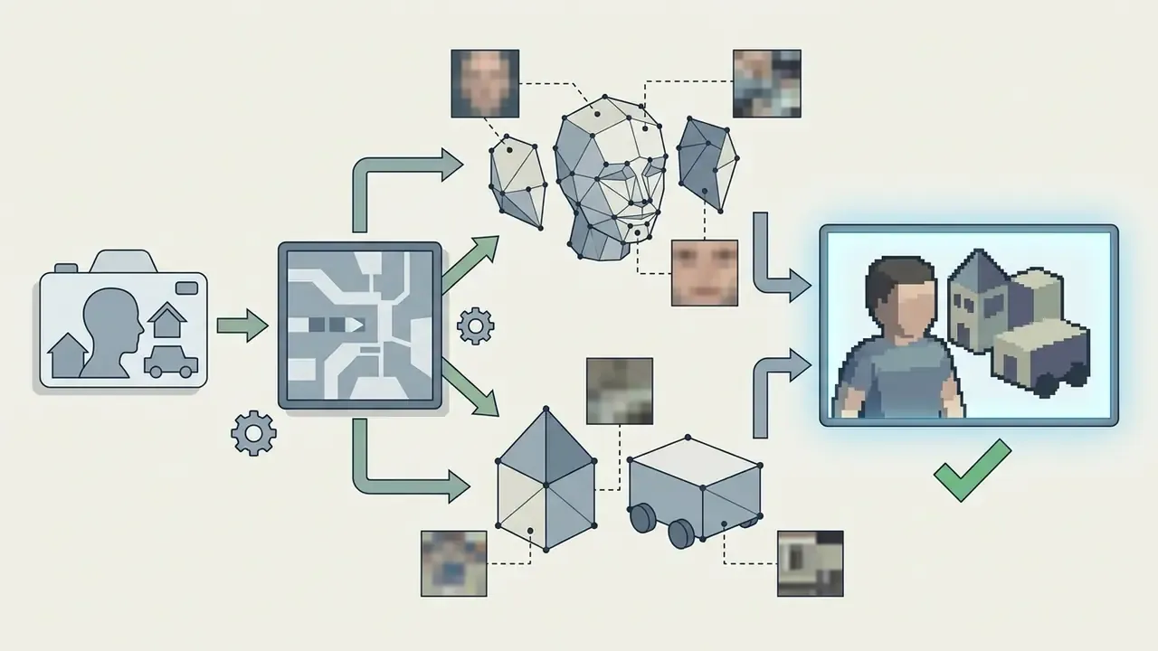 Process mapping facial and environmental features into low-polygon 3D meshes with retro texture maps