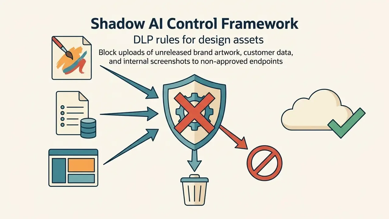 Design assets and data flowing into a shielded filter that blocks restricted content from cloud upload