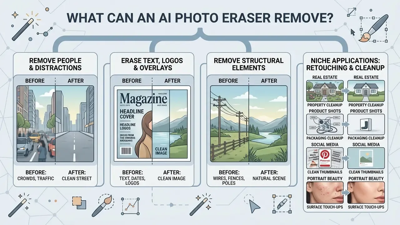 Diagram showing an ai image remover clearing people, text, structural elements, and blemishes from photos