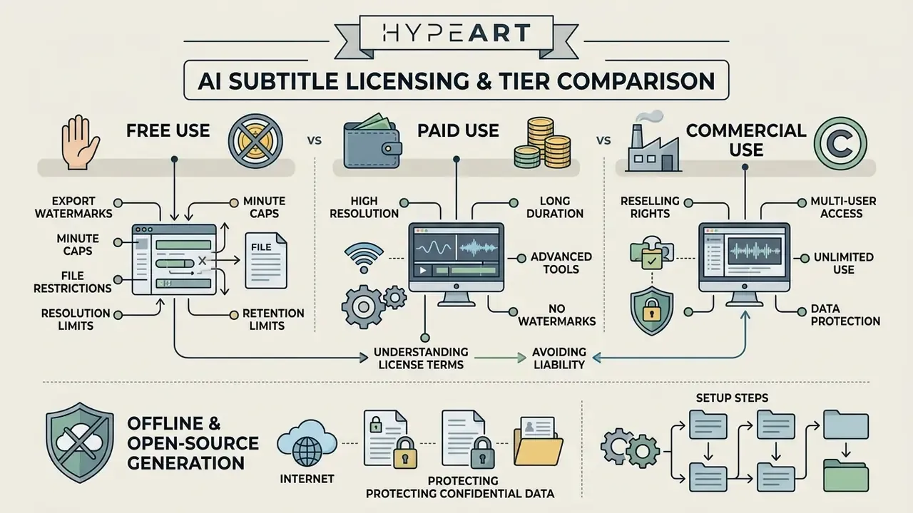 Comparison of free, paid, and commercial licensing tiers for subtitle generation software features