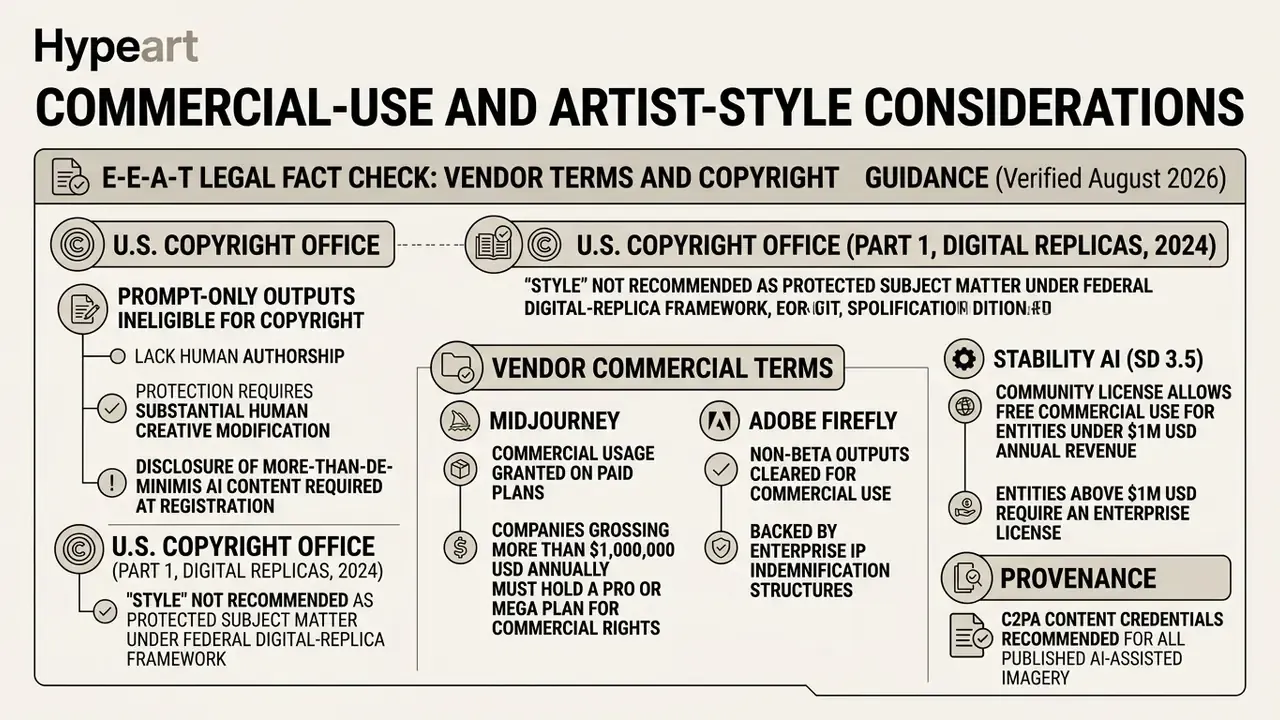 Diagram summarizing legal guidelines for copyright, vendor commercial terms, and provenance for AI content