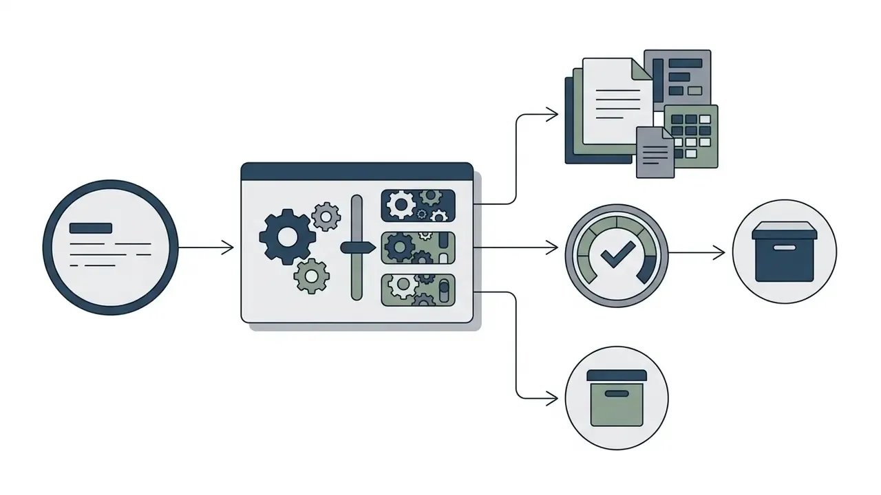 Input text passing through a gear processor to produce audit logs, status gauges, and storage containers