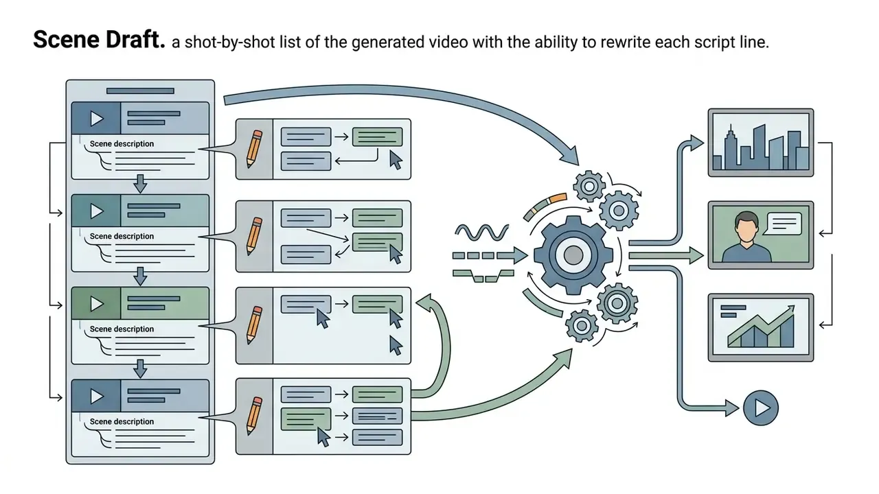 Diagram showing how InVideo AI allows users to edit individual scene scripts and regenerate video clips