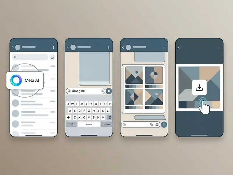 Four smartphone screens showing the process of using Meta AI to generate and save images in WhatsApp