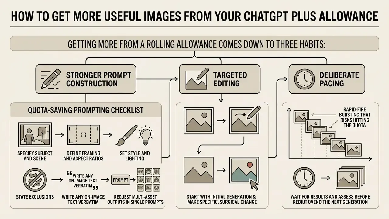 Diagram detailing habits for prompt construction, targeted editing, and pacing to manage ChatGPT Plus allowance