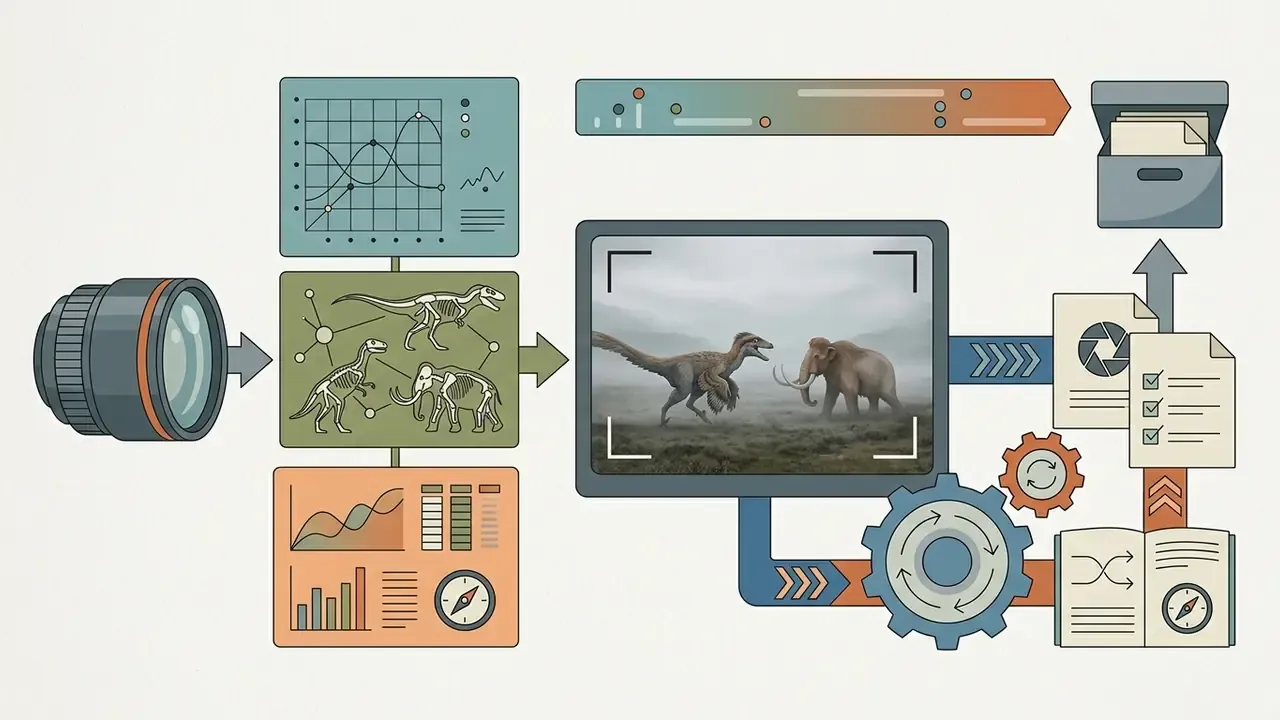 Camera lens processing data and skeletal models into a realistic documentary frame of prehistoric animals
