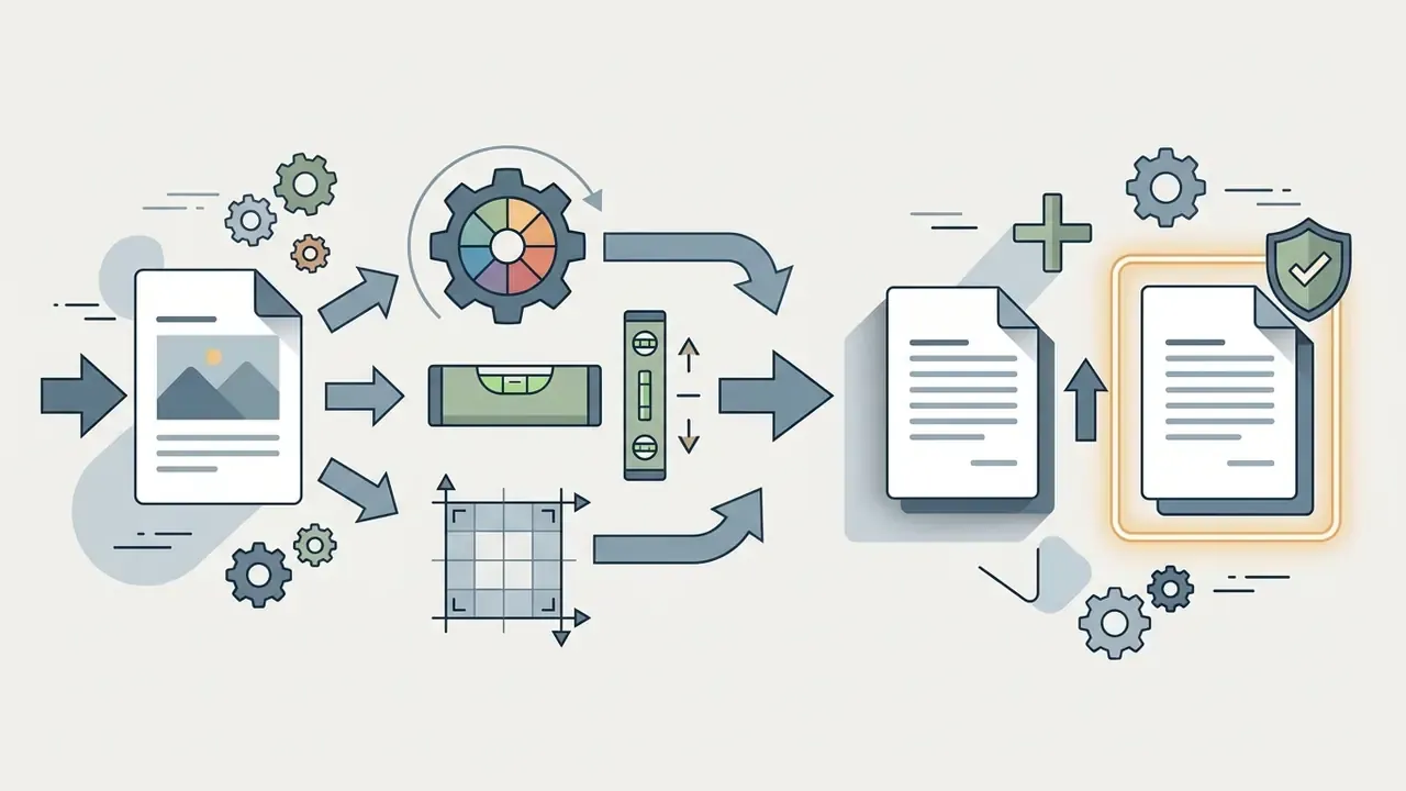 Document icon being processed through gear and alignment tools to create a protected duplicate copy