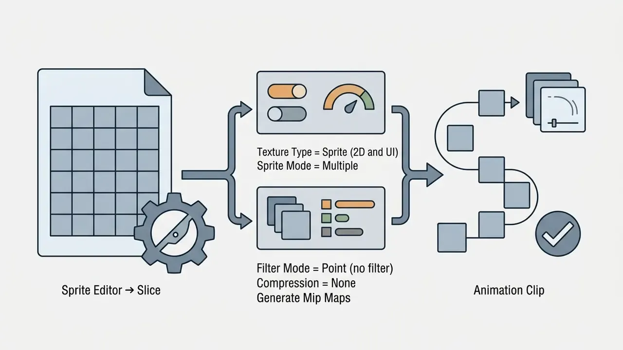 Steps for importing a sprite sheet into a game engine using editor settings and animation clip creation