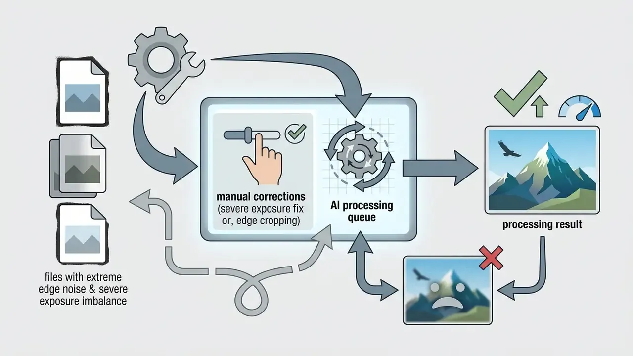 Manual editing loop for fixing image issues before entering the automated processing queue