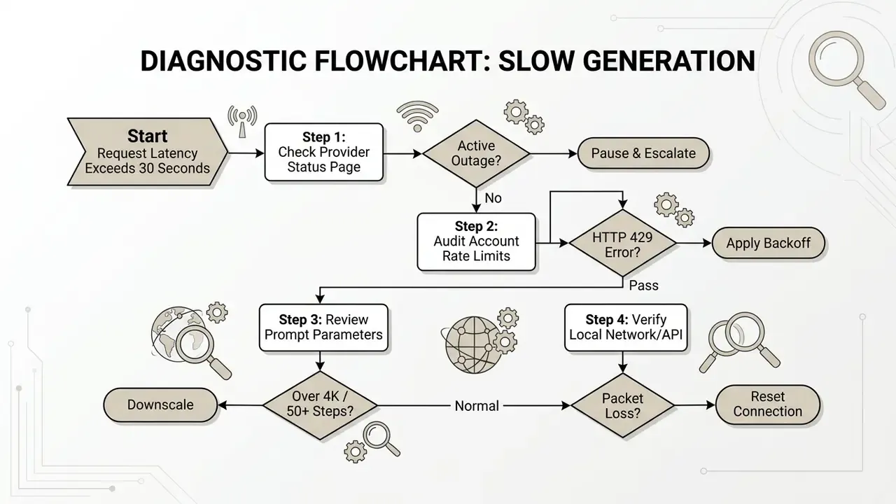 Step-by-step decision tree for troubleshooting slow AI image generation latency issues
