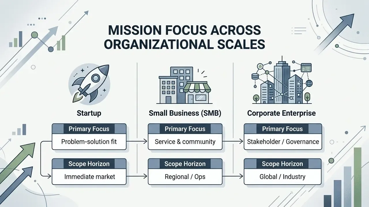 Comparison table linking organizational scales to primary focus areas and scope horizons