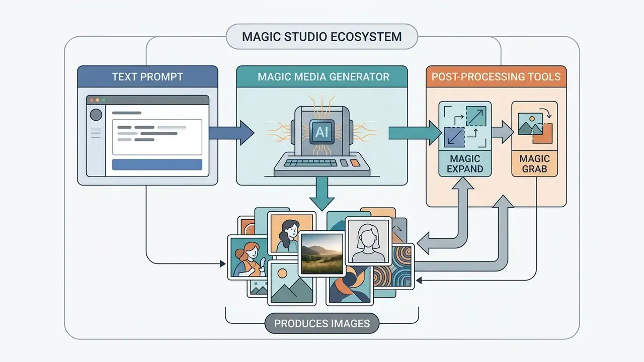 Flowchart showing how text prompts and the Canva AI art generator integrate into Magic Studio workflows