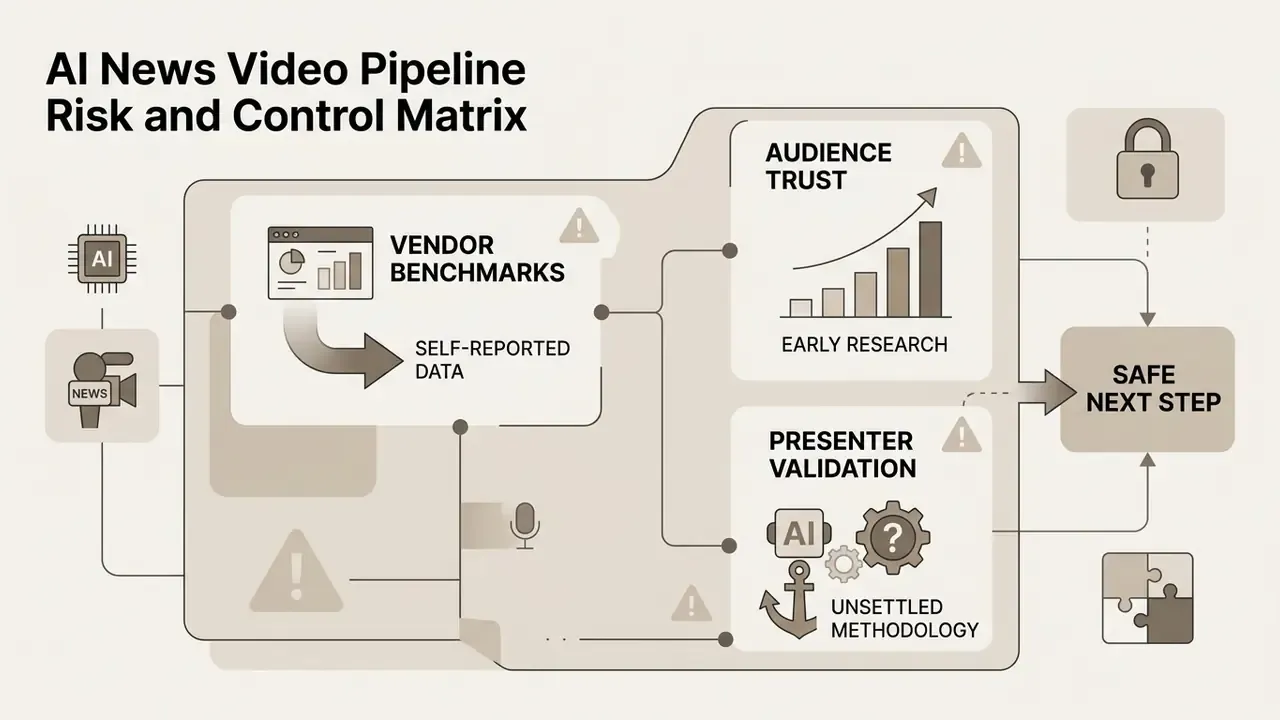 Matrix showing risks in vendor benchmarks, audience trust research, and generative presenter validation
