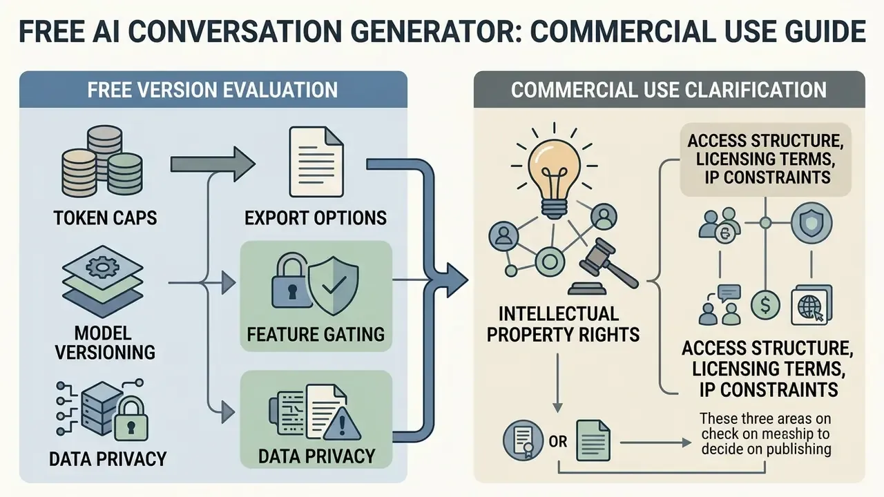 Flowchart comparing free version evaluation factors with legal requirements for commercial publishing
