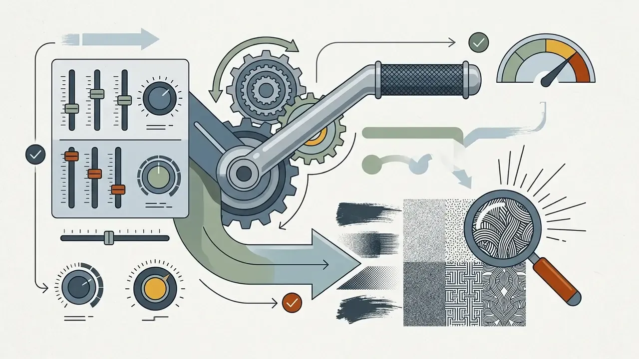 Control panel with sliders and gears connected to a magnifying glass examining various texture patterns