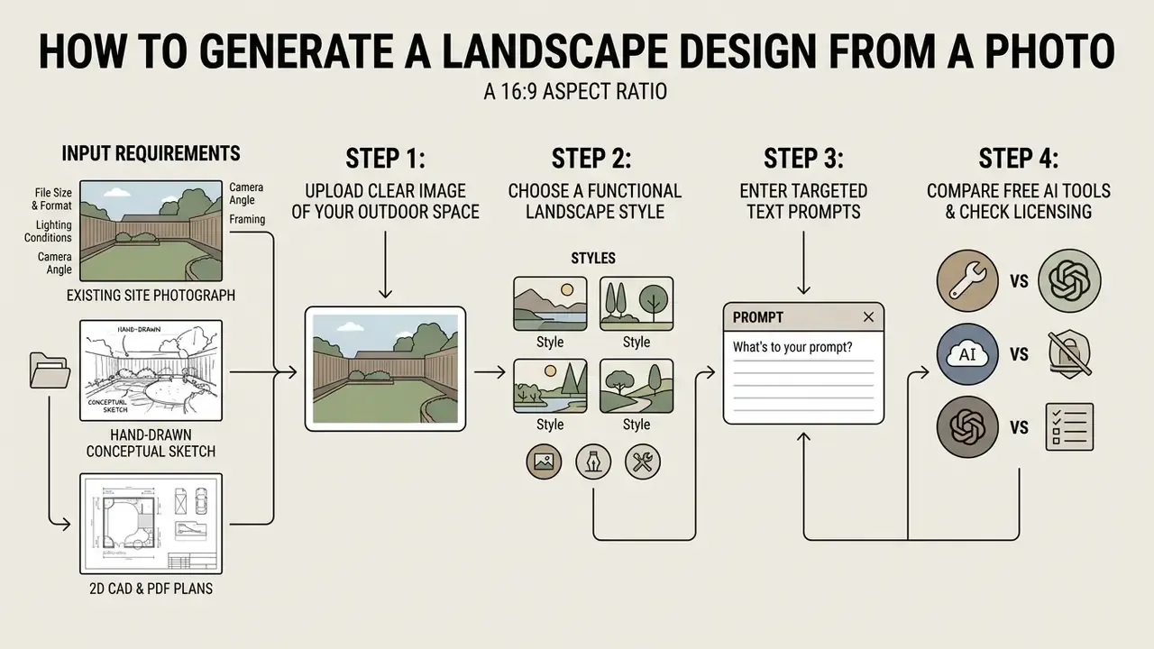 Four step flowchart detailing how to use an AI landscape generator starting from inputting site files