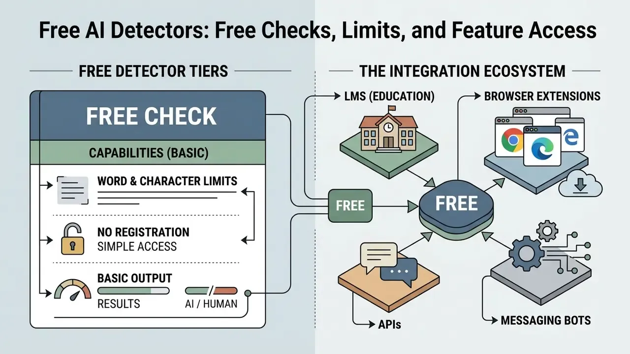 Comparison infographic showing free detector tier features alongside an integration ecosystem map