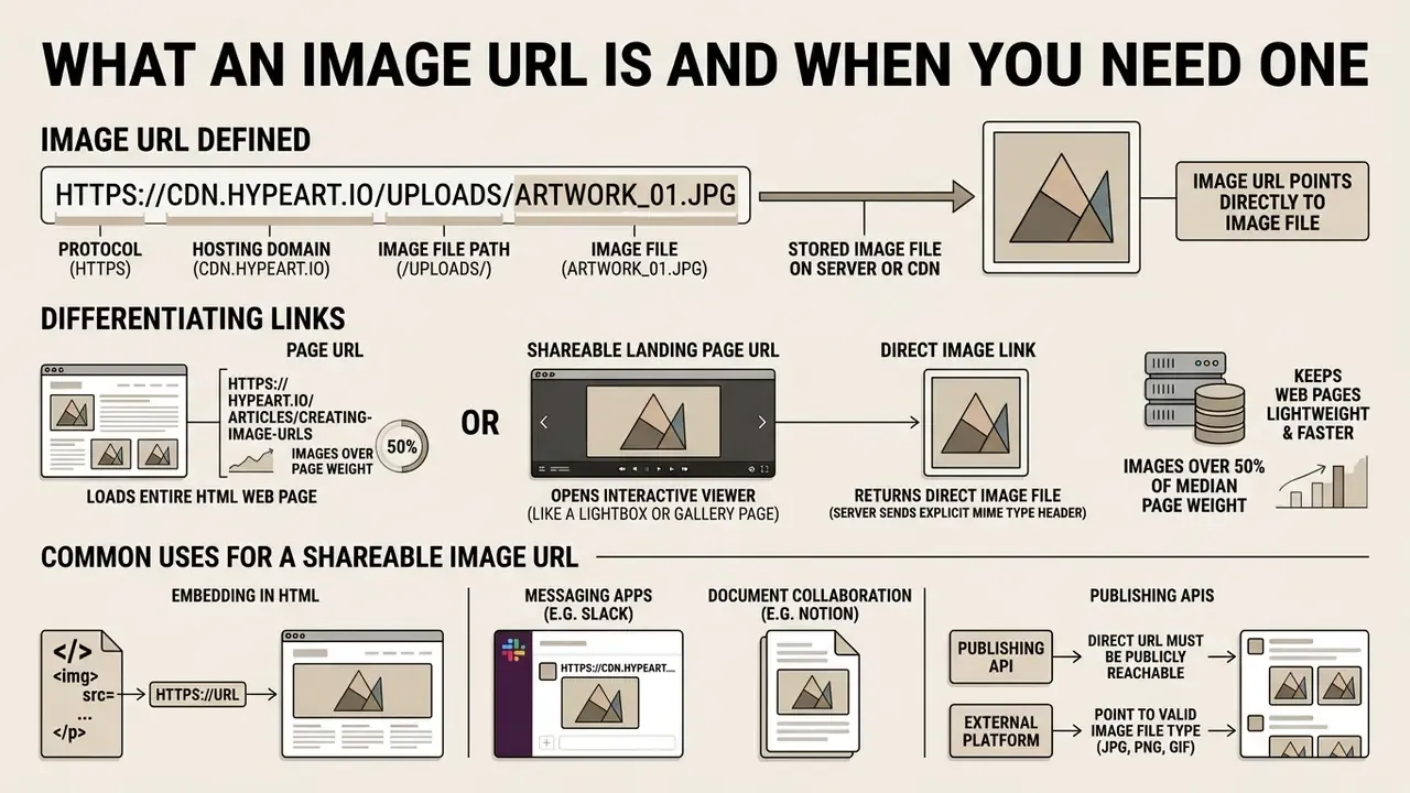 Infographic explaining how image URLs point to files, differentiate from page links, and enable embedding