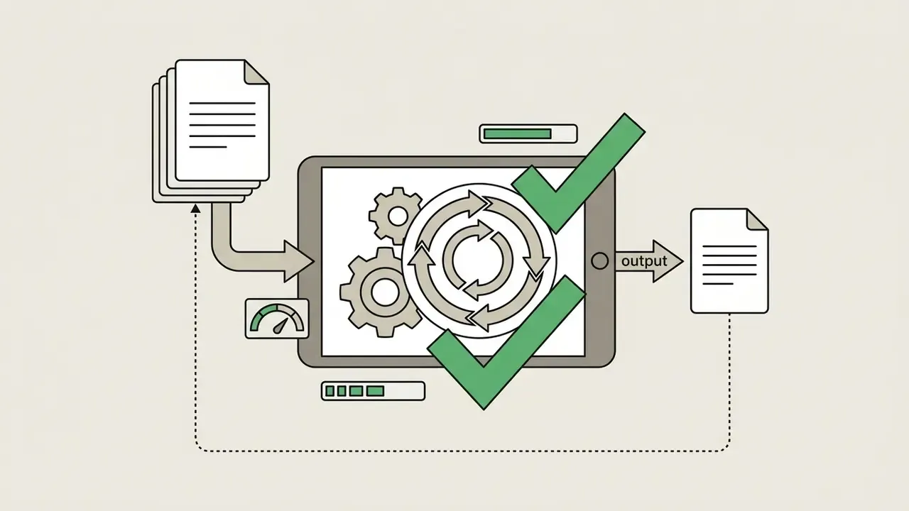 Tablet processing document files through internal gears and circular arrows with green check marks
