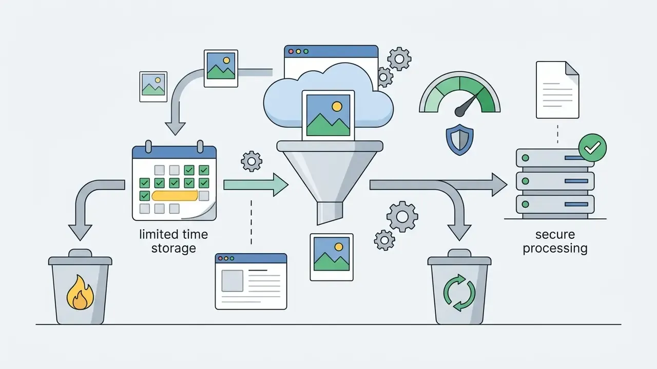Visual representation of cloud data retention cycles showing file storage, funnel processing, and deletion
