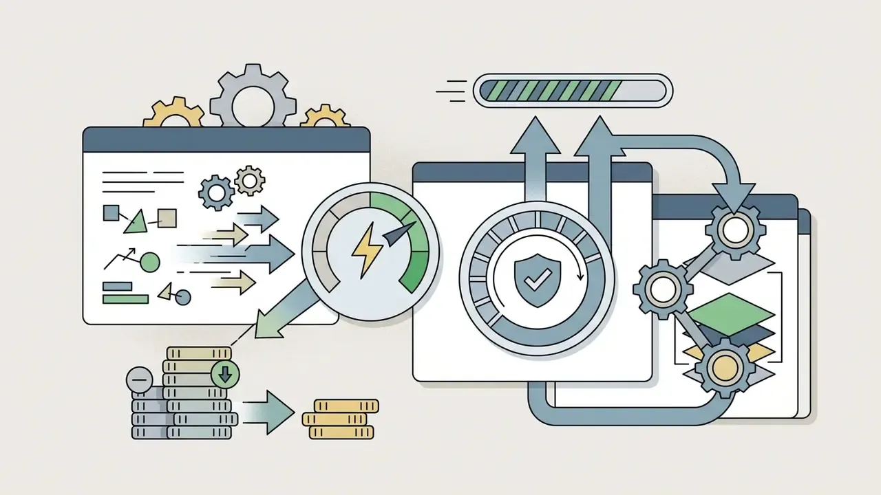 Speedometer and gears processing data into a Kling AI video generator to reduce credit consumption