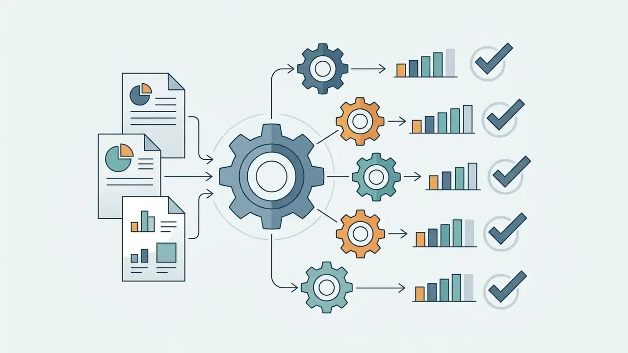 Reports feeding into a central gear that drives five smaller gears to produce bar charts and checkmarks