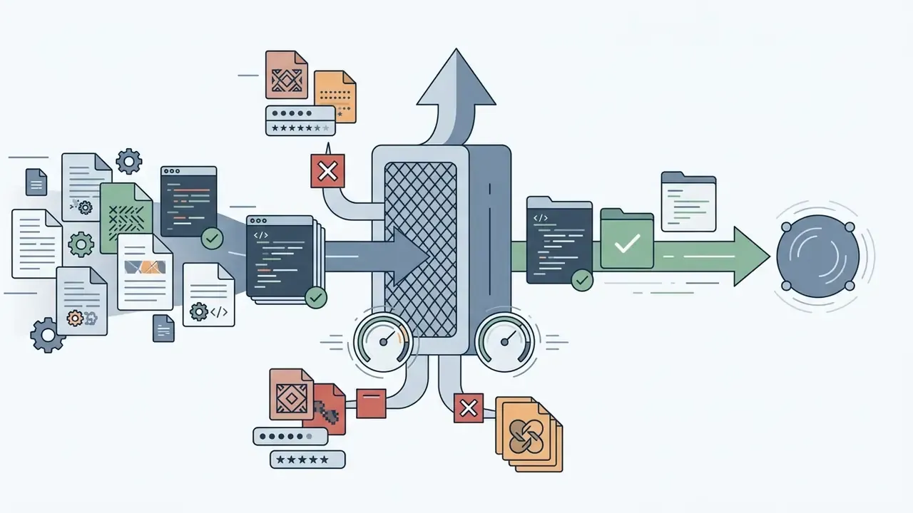 Code files passing through a security filter that diverts sensitive data into blocked red containers
