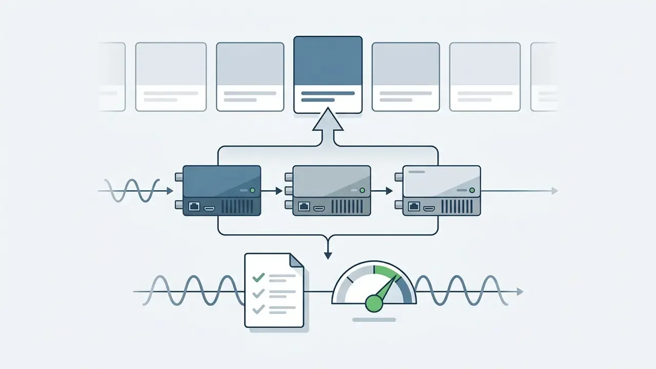 Three hardware decoders processing media signals for caption verification and confidence monitoring