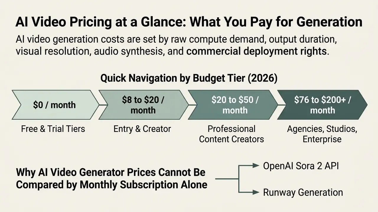 Horizontal chevron diagram displaying AI video subscription cost tiers from free to enterprise levels