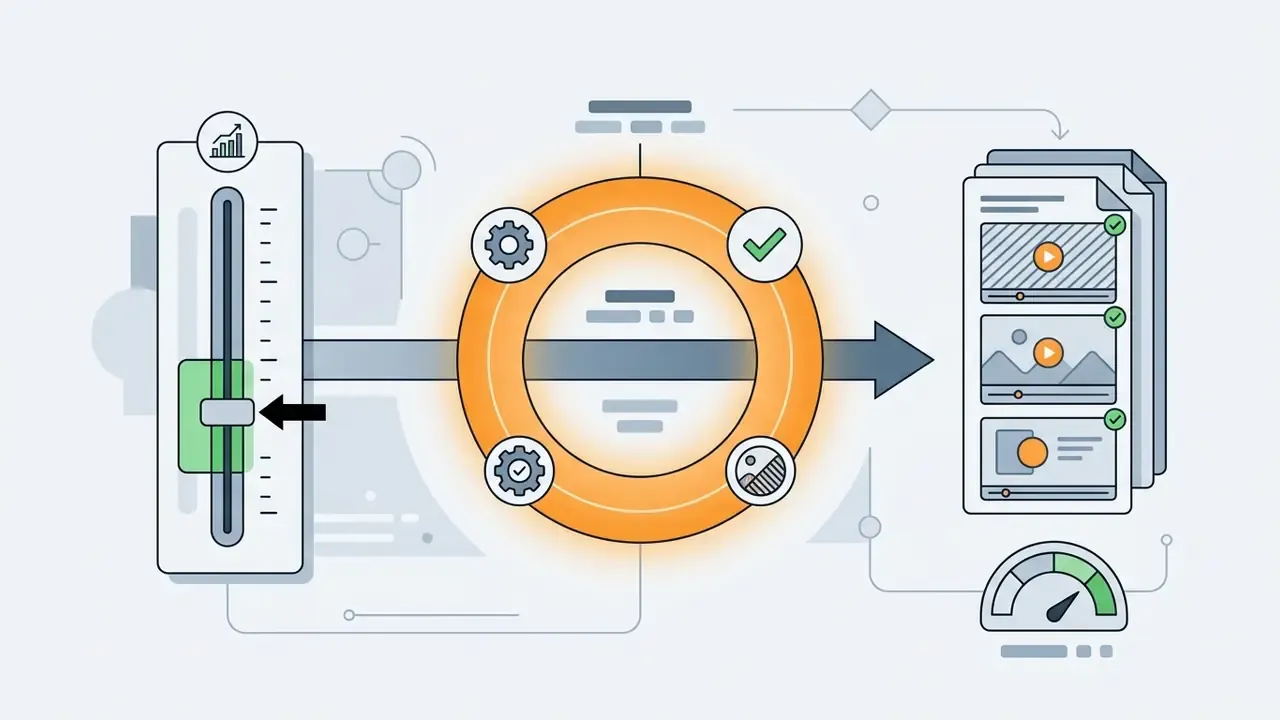 Vertical slider adjusting video settings through a circular processing hub into a stack of output files