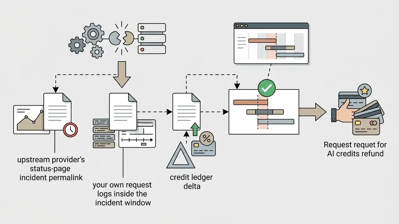 Visual sequence linking incident logs and credit ledgers to a successful AI credits refund request